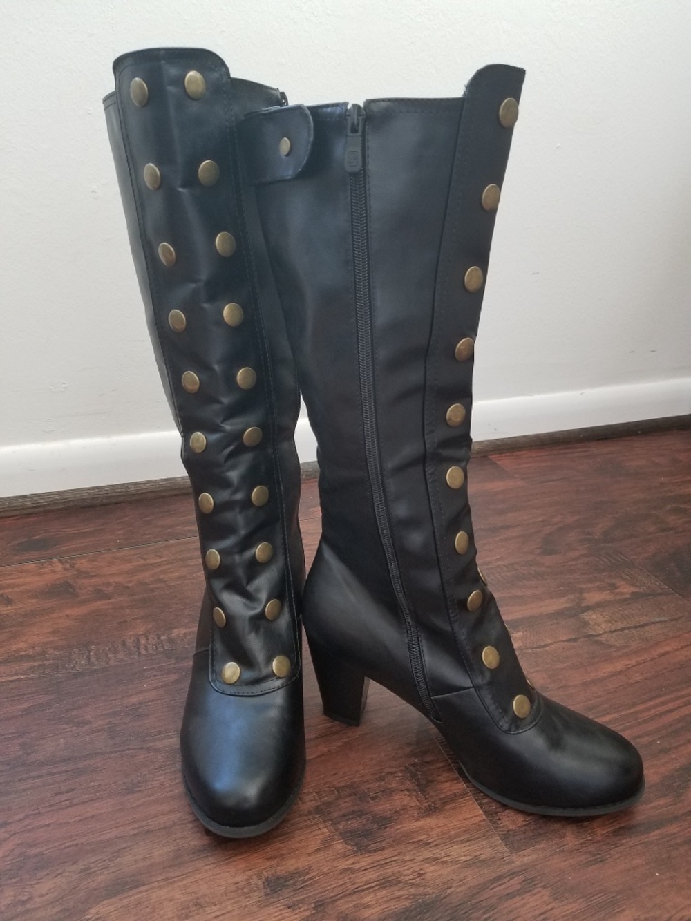 Black Vegan Leather Brass-buttoned Knee-high Boots